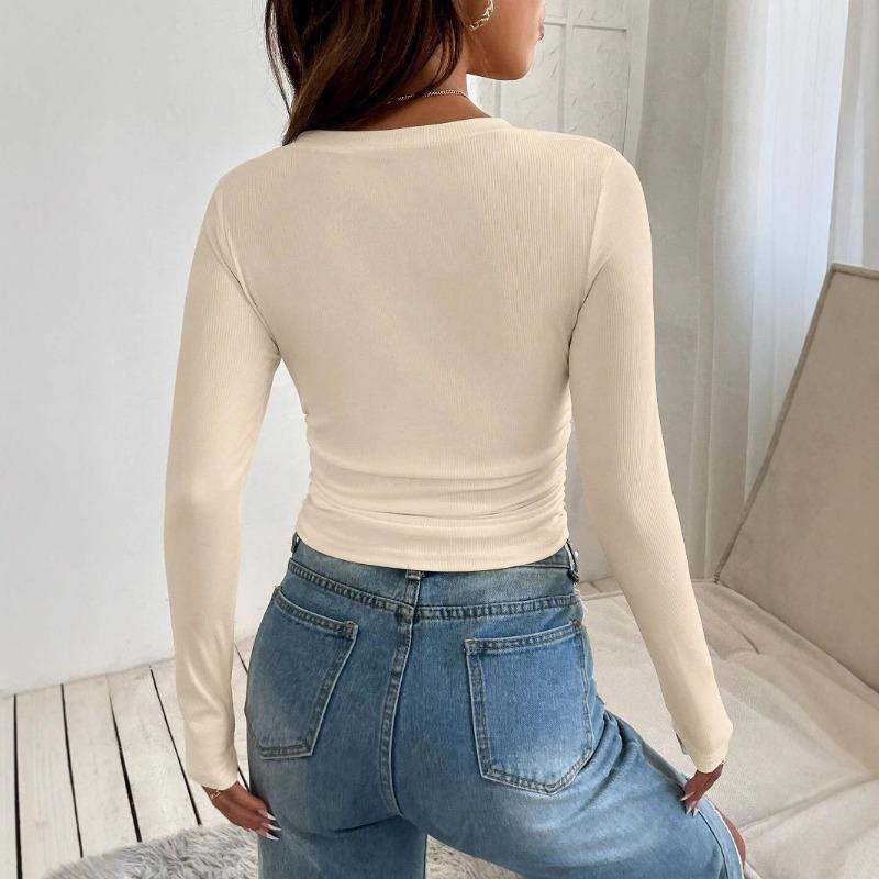 Spring and Summer New V-neck Off-shoulder Two-wear Design Slim-fit Pleated Irregular Long-sleeved T-shirt