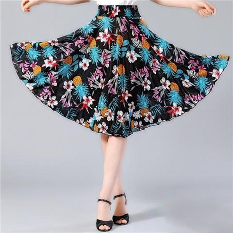 Fuste cu flori de lungime mijlocie de vară cu talie elastică femei lejer casual din șifon din mătase de gheață rochie de plajă pentru femei