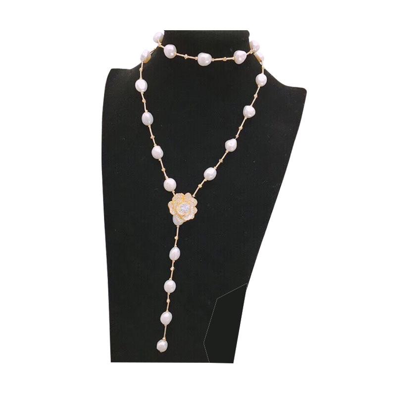 Multi-way Wear 14K Gold-Filled Freshwater Baroque Pearl Necklace with Rose Clasp, Sweater Chain