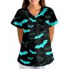 Women's Halloween Print V-Neck Short Sleeve Scrub Top with Pockets Loose Fit