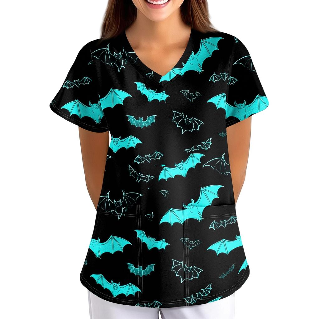 Women's Halloween Print V-Neck Short Sleeve Scrub Top with Pockets Loose Fit