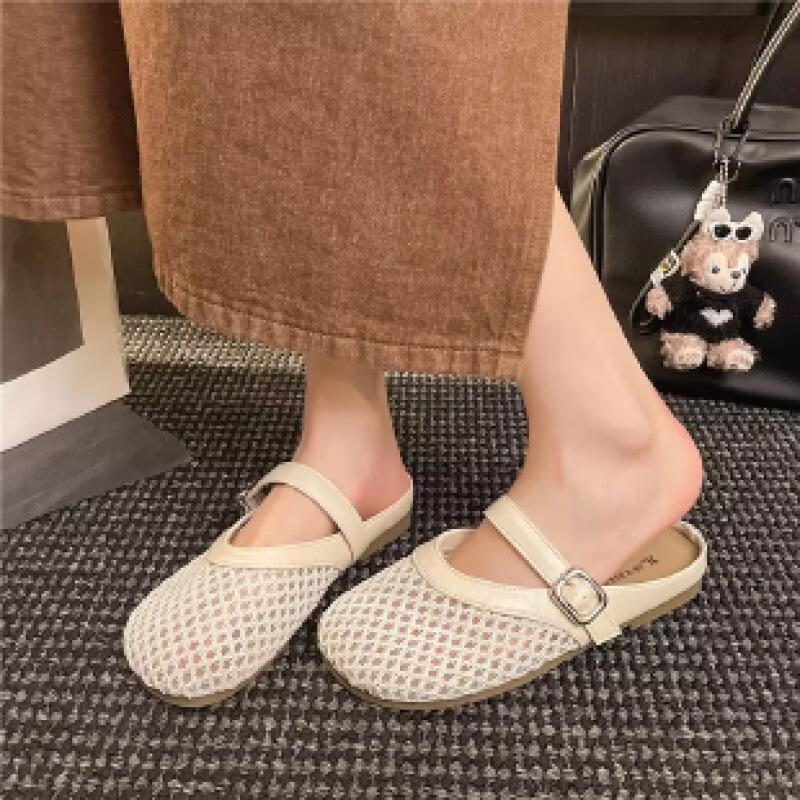 Hollow bag head half slippers women's 2025 summer new belt buckle comfortable versatile temperament women's flat bottom cool slippers