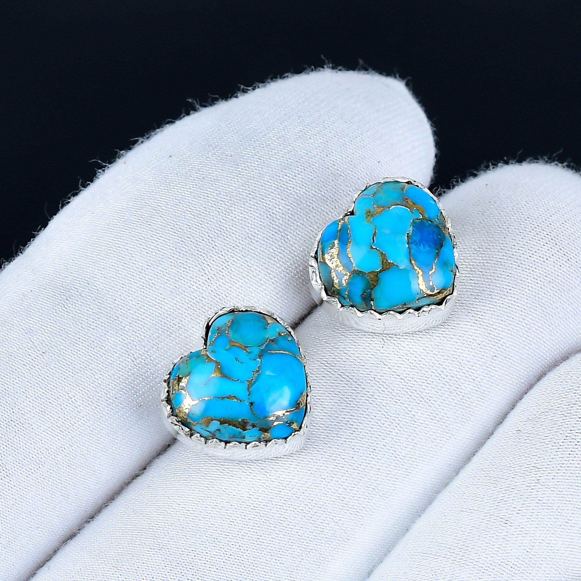 

Blue Spiny Turquoise Earrings | 925 Sterling Silver Stud Earrings | Handmade Gemstone Love Studs Heart Earrings | Boho Jewelry Christmas Gift 3.5 Cm синий