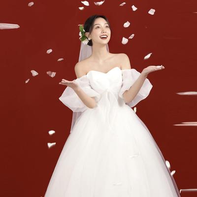 2026 One-Shoulder Wedding Dress with Bow: Slimming Puffy Skirt & Puff Sleeves, Floor-Length Princess Fairy Look for Travel Photos and Events.