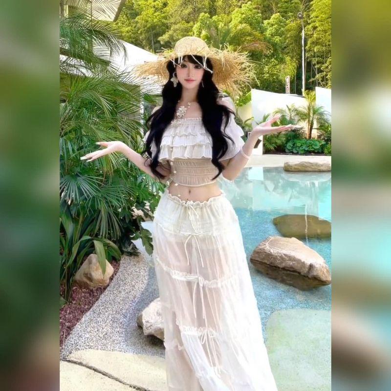 

Island Holiday Sexy Suit Women s Summer White off-Shoulder Tops Wear Slightly Transparent High Waist Skirt Two-piece Set Top S