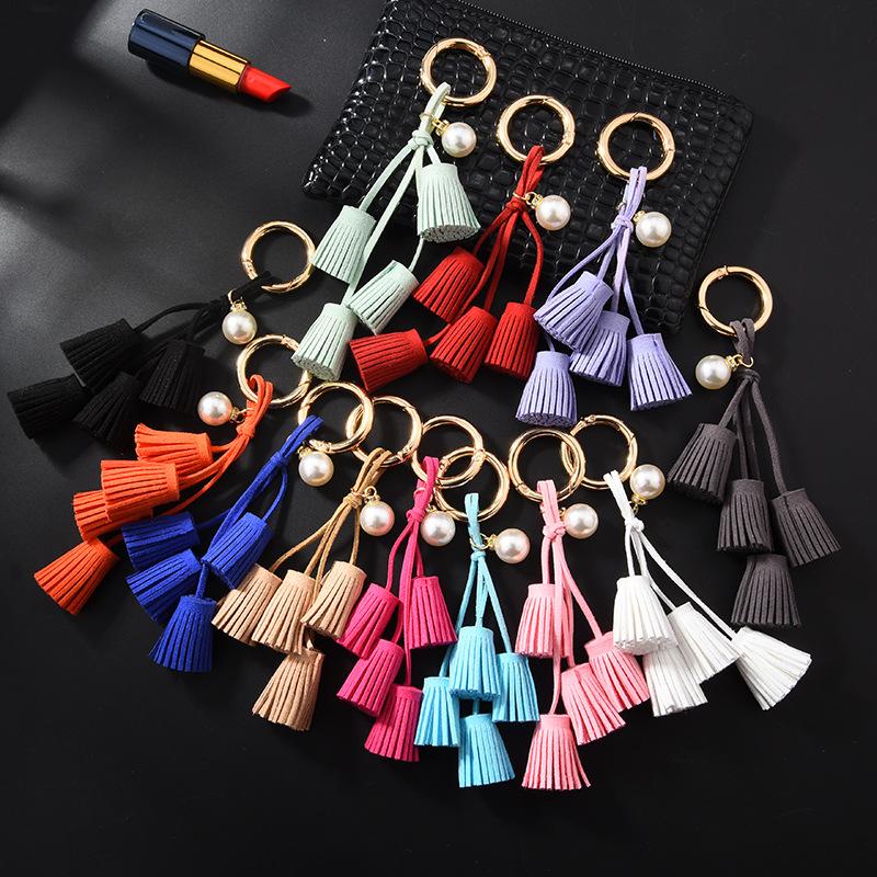 Korean Velvet Tassel Keychain Leather Tassel Pearl Pendant Car Ornaments Female Key Chain Plush Bag Pendant