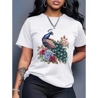 Women's Black Casual T-Shirt with Vibrant Peacock & Floral Print - Loose Fit Short Sleeve Round Neck Lightweight Summer Top,