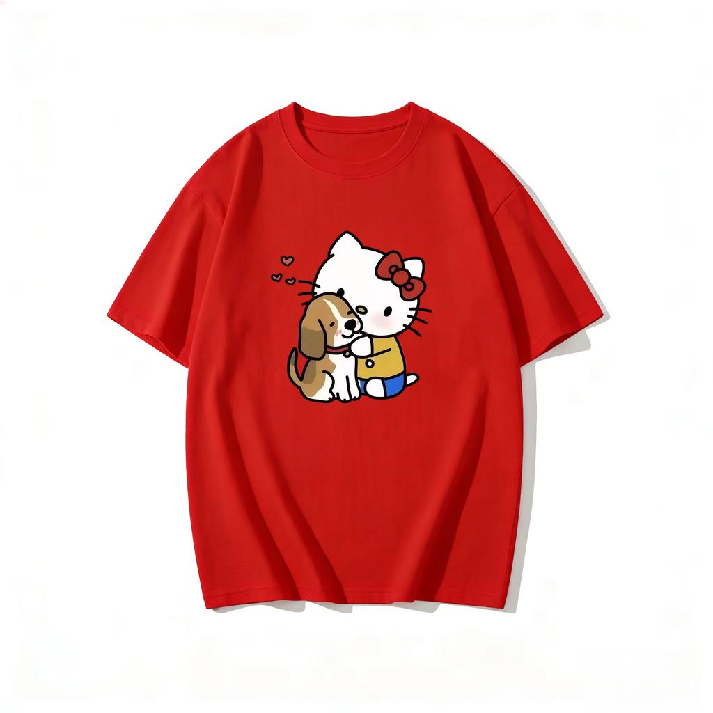 2026 New Summer HelloKitty Cute Graphic Tee Casual Short Sleeve Cotton Top for Women Girls Kawaii Cartoon Print Streetwear