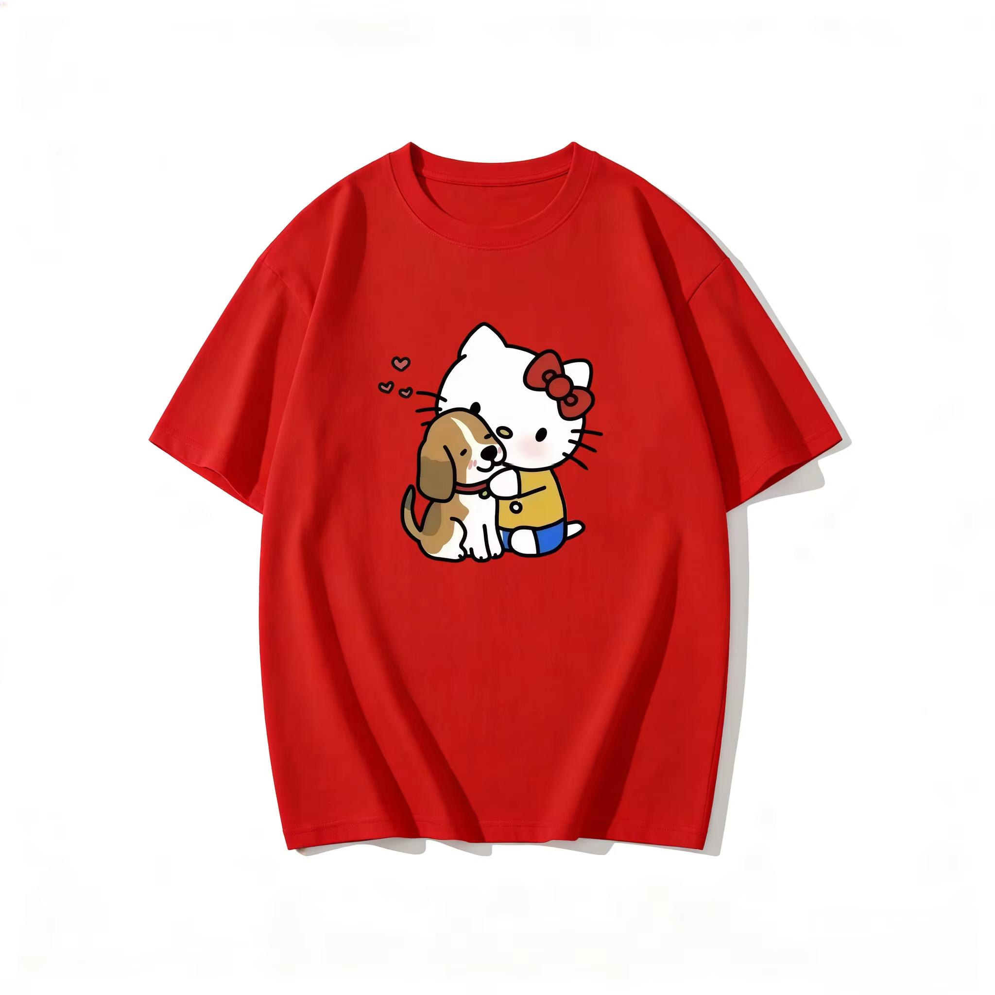 

2026 Summer Hello Kitty Cartoon Printed Short Sleeve Pure Comfortable summer Womens Tshirt loose and fashionable S