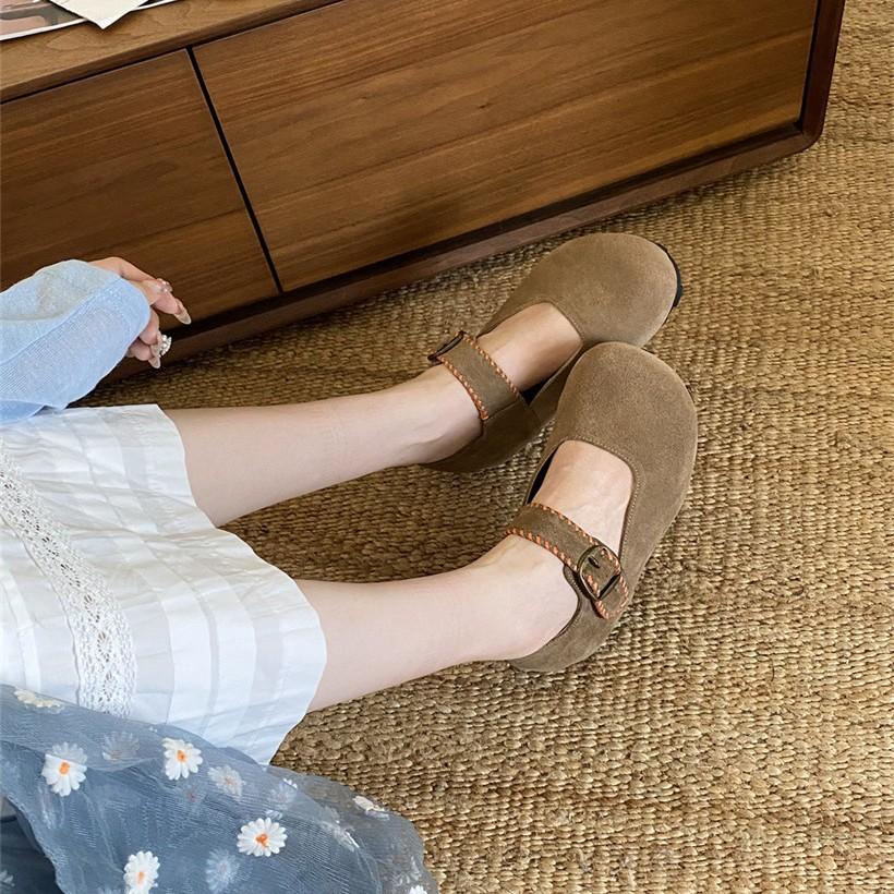 Echtes Rindsleder Mary Jane Schuhe mit runder Spitze Retro Boken Schuhe 2025 Einwort mit flachem Boden Taschenkopf Einzelne Schuhe Damen