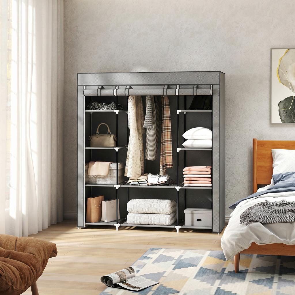 Fabric Wardrobe, Foldable, Hanging Rail, Shelves, 150 x 43 x 162.5 cm, Light Grey