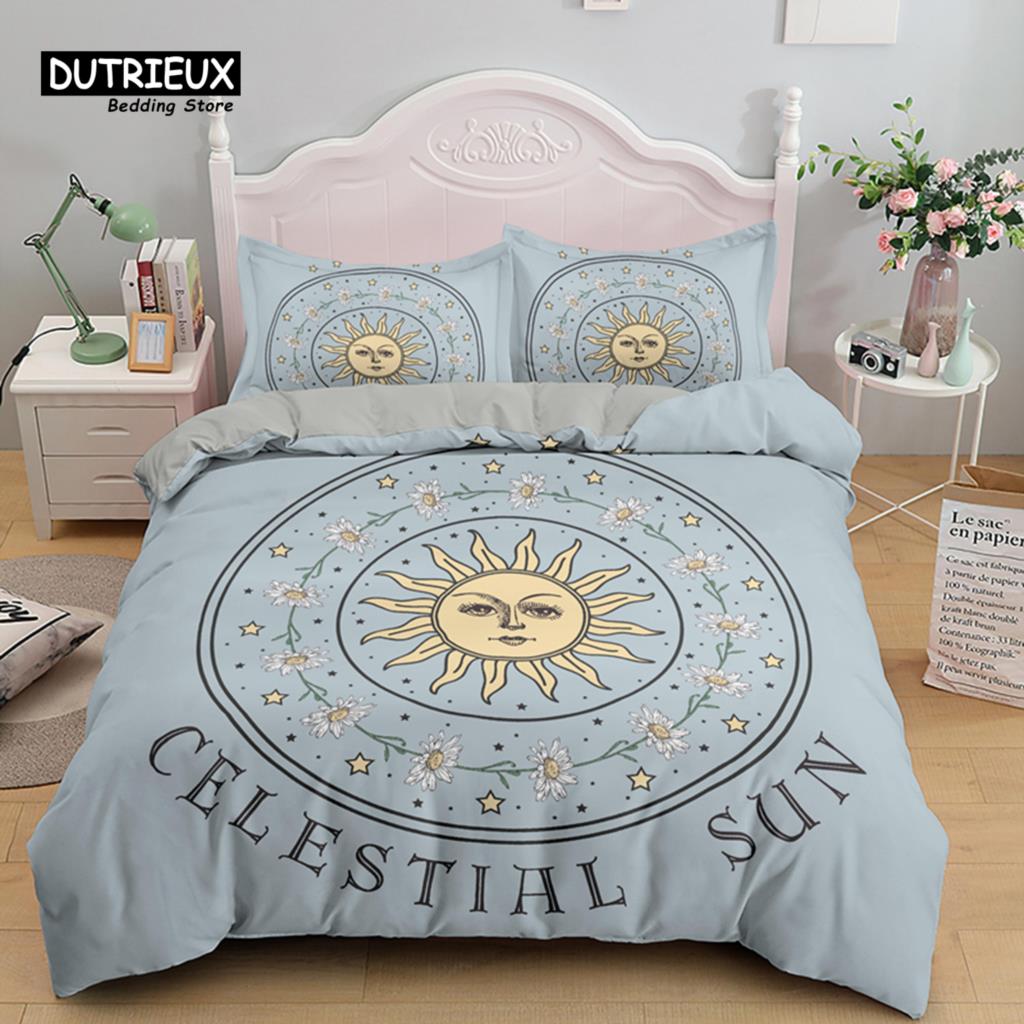Chic Sun And Moon Duvet Cover 3D Floral Comforter Cover Bohemia Psychedelic Butterfly Bedding Set King Full For Kids Boys Girls