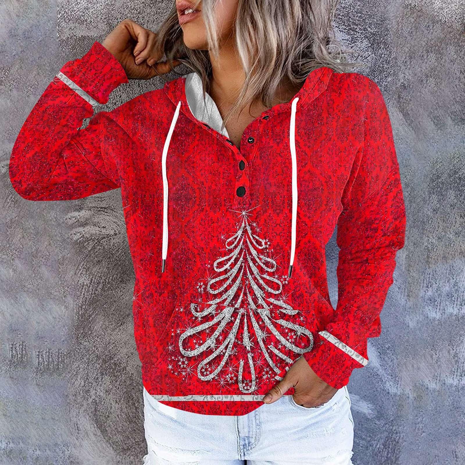 

Женские повседневные модные принты с длинным рукавом на пуговицах пуловеры с капюшоном толстовки XXL красный