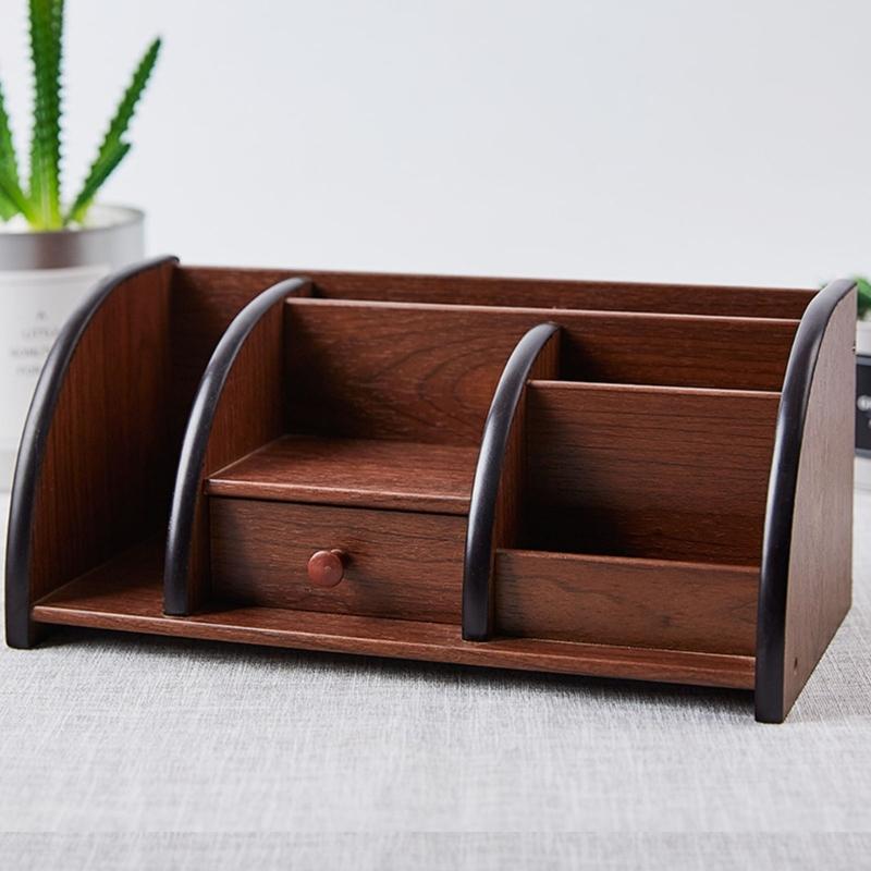 Wood Desk Storage Box with Drawer and Open Sections, Tabletop Holder for Study Table, Home Office Desk and Dressing Table Daily Use