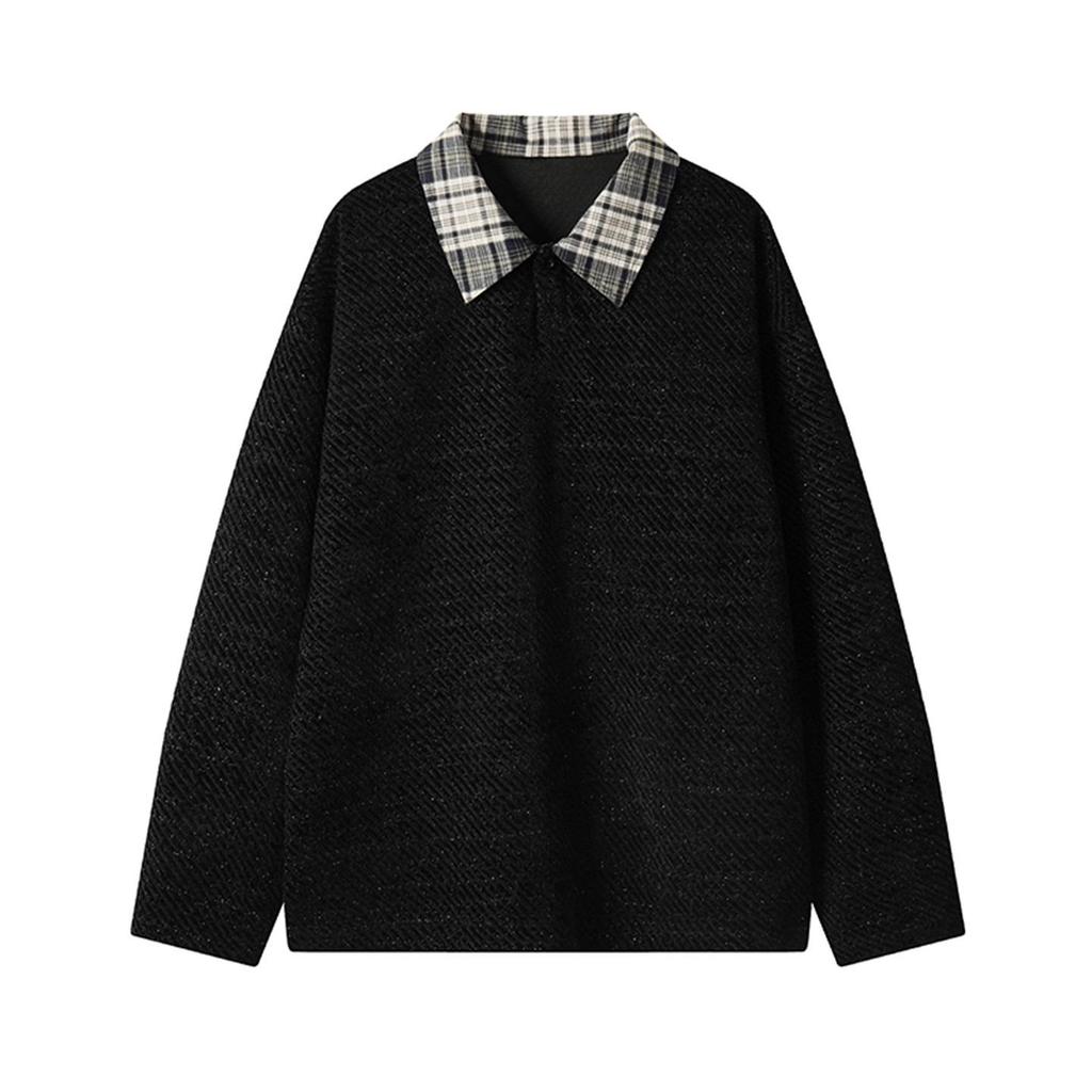 Men's Fake Two-Piece Long-Sleeve Knit Shirt, Loose Plus Size, Lapel Hoodie, American Style, Spring/Autumn 2025.