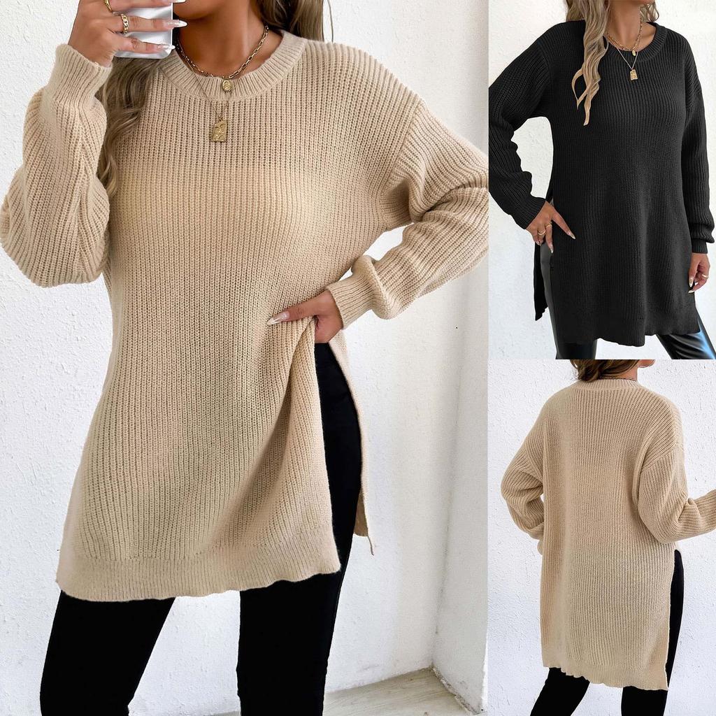 Women's Autumn Winter New Pullover Sweater Round Neck Split Knitted Casual Sweater