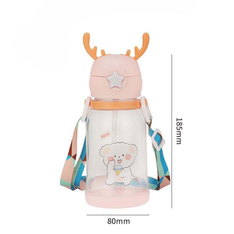 Cartoon Reindeer Antler Plastic Cup With Handle And Straw Large Capacity Student Gift Water Bottle For Kids KTY