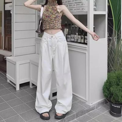 Witte Losse Rechte Dames Denim Broek met Hoge Taille, Zomer 2024 Wijde Pijpen Dweilende Casual Broek