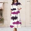 Women Plus Size Keyhole Round Neck 3 4 Sleeve Tie Dye Print White Purple Maxi Dress