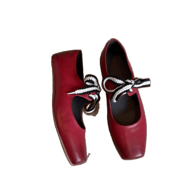 Eckiger Kopf polierte Retro Schnür-Ballerinas literarische Mary Janes kleine Lederschuhe dicker Absatz Einzelne Schuhe Damen