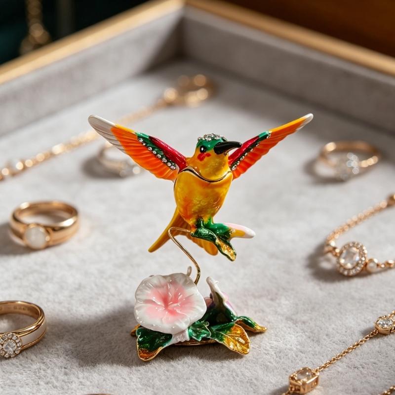 Vanity Ring Earring Storage Box with Bird Shape, Hinged Alloy Body and Flower Base for Dresser Display Use Value