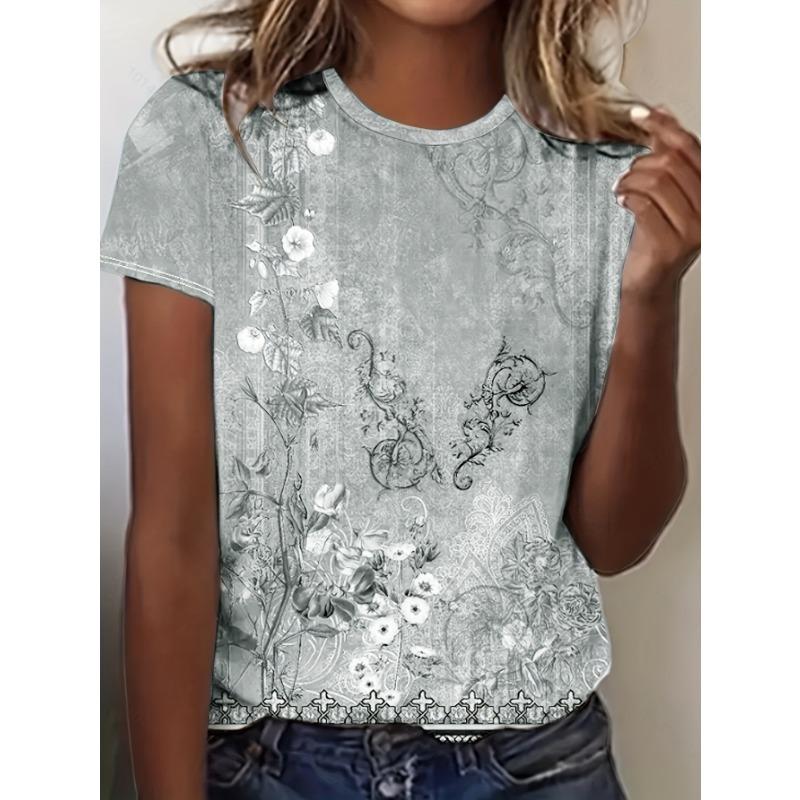 Women's Tee  Vintage Floral Lace Pattern Graphic, Elegant Retro Print Design for Casual Daily Wear