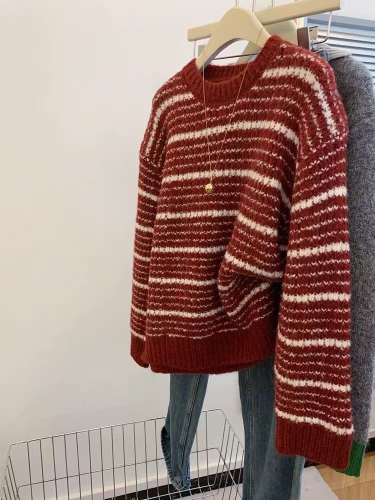 

Red striped crew neck pullover, wearing a sweater outside, women s lazy style, high-end sense thickened, autumn and winter design sense top L