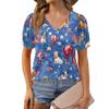 Women's Fashion Independence Day Print Top Puff Short Sleeve V-neck T-shirt Loose Casual T-shirt