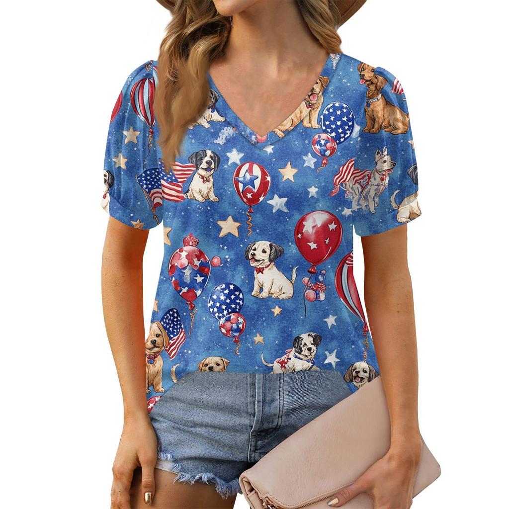 Women's Fashion Independence Day Print Top Puff Short Sleeve V-neck T-shirt Loose Casual T-shirt