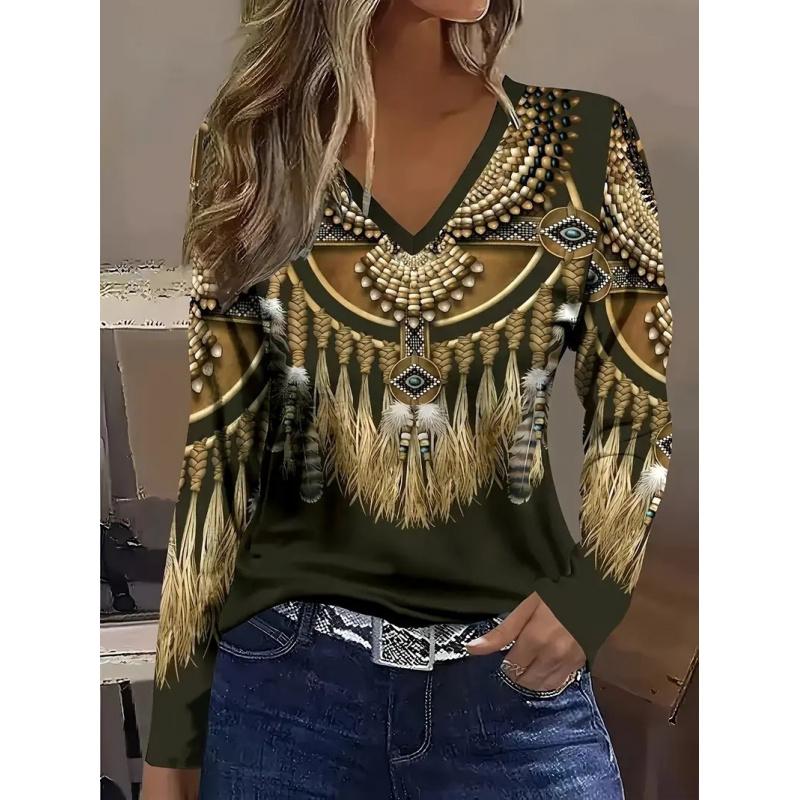 Women's Spring and Autumn Loose Fit Versatile Long Sleeve Mesh Breathable V-Neck T-Shirt Classic Retro Tribal Element 3D Print