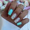 Pastel Blue Floral Mid-Length Faux Nails - Fresh Pastoral Style for Gentle European American Look