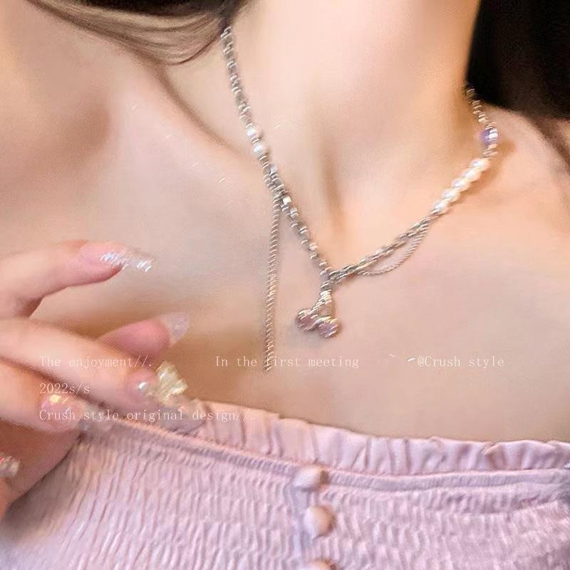 Cherry Girl~ Pearl Metal Splicing Necklace Xia Tian Cool Wind Ins Spice Girl Earrings Light Luxury Niche Clavicle Chain