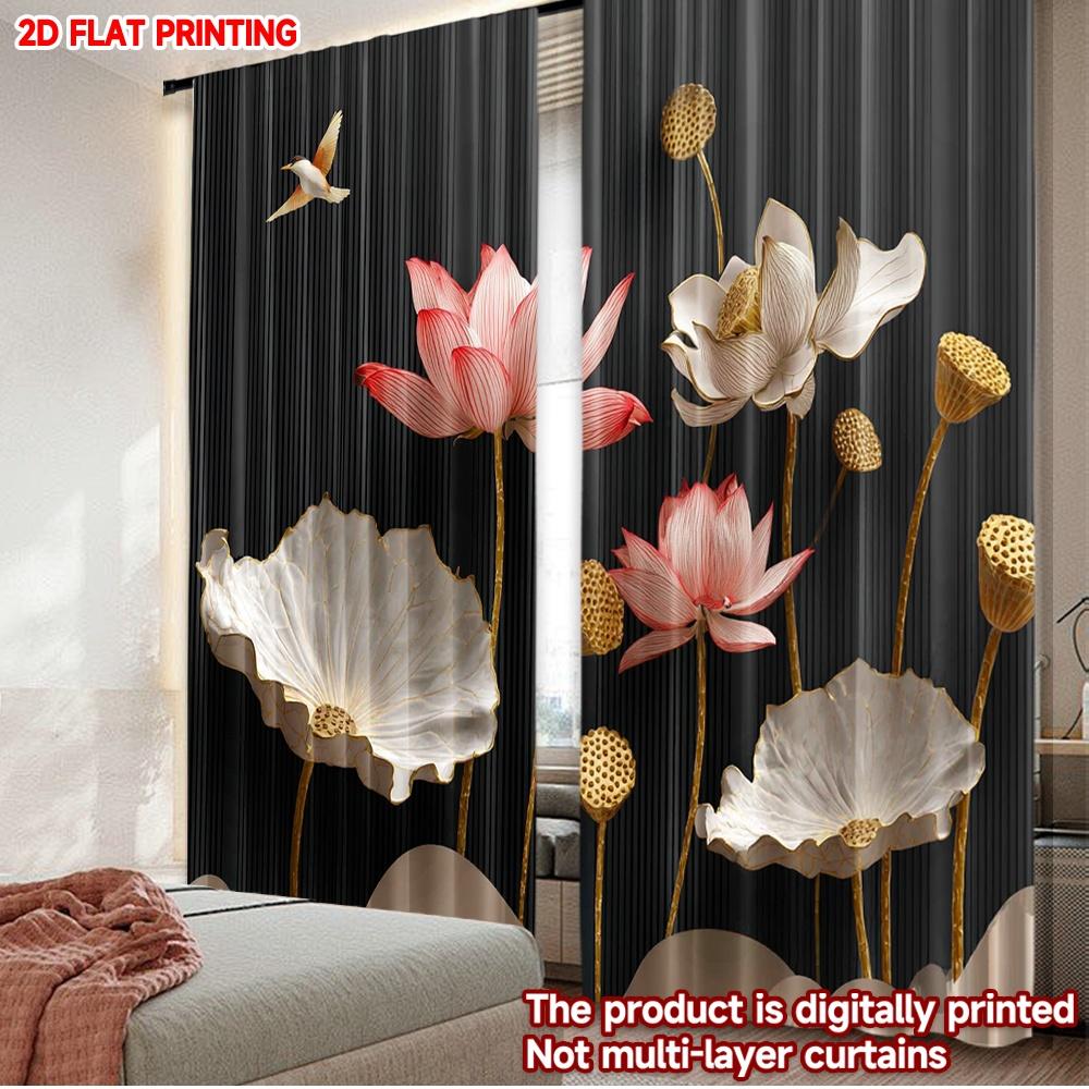 

2pcs Lotus Flower Curtains Elegant Pink White Blossoms with Golden Seed Pods on Black Background for Bedroom Decor 100*130 Grommet Top 1pcs