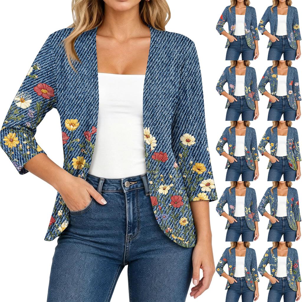 Women's Vintage Floral Print Cardigan with Three-Quarter Sleeves, Loose Fit, Lightweight for Casual Wear