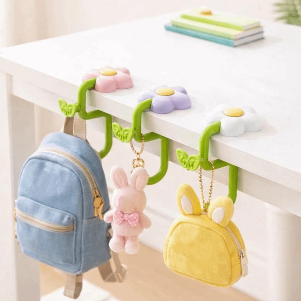 Cute Plastic Flower Bag Hook Adjustable Removable Desk Edge Hook No Drill Desktop Storage Hook Office