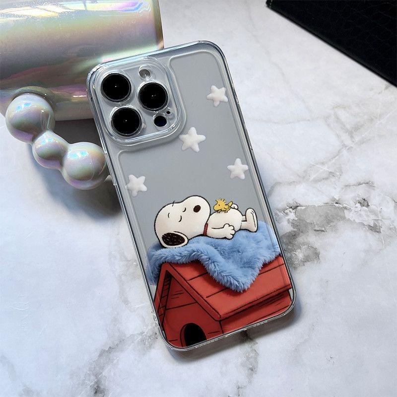 Funny Cartoon Snoopy Sleep Learn Phone Case For iPhone 17 16 15 14 13 12 11 Pro Max Plus Air Cute Black Clear Snoopy Star Cover