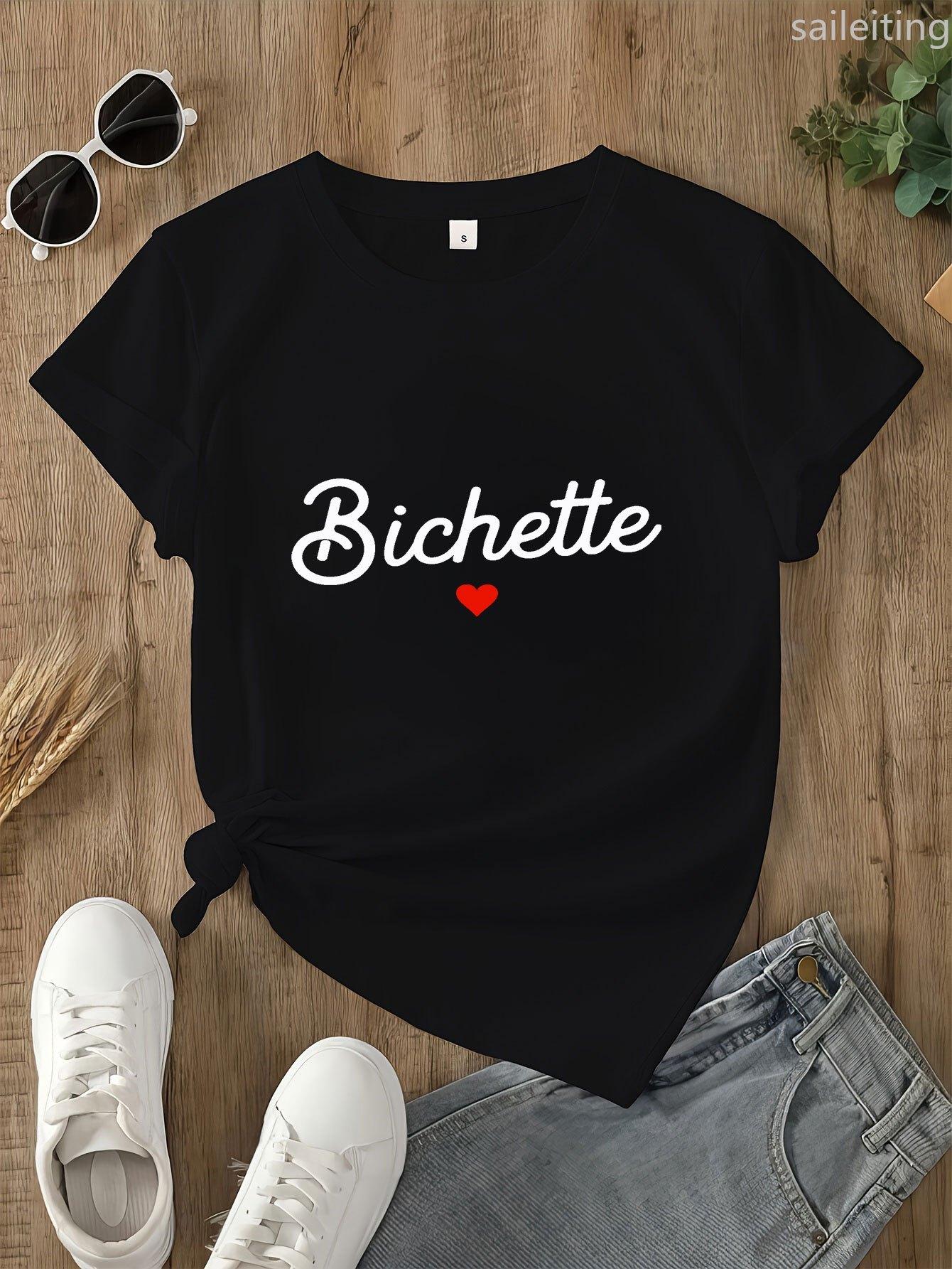 

WomenS Casual Crew Neck Sleeve TShirt Bichette Text Heart Graphic Print Light Green Summer Sleeved Harajuku Streetwear S