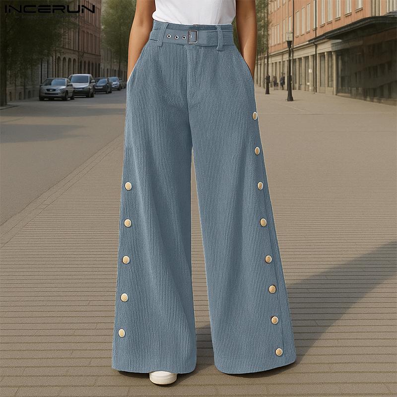 INCERUN Men Zip-up High Waist Casual Loose Long Texture Pants Trousers