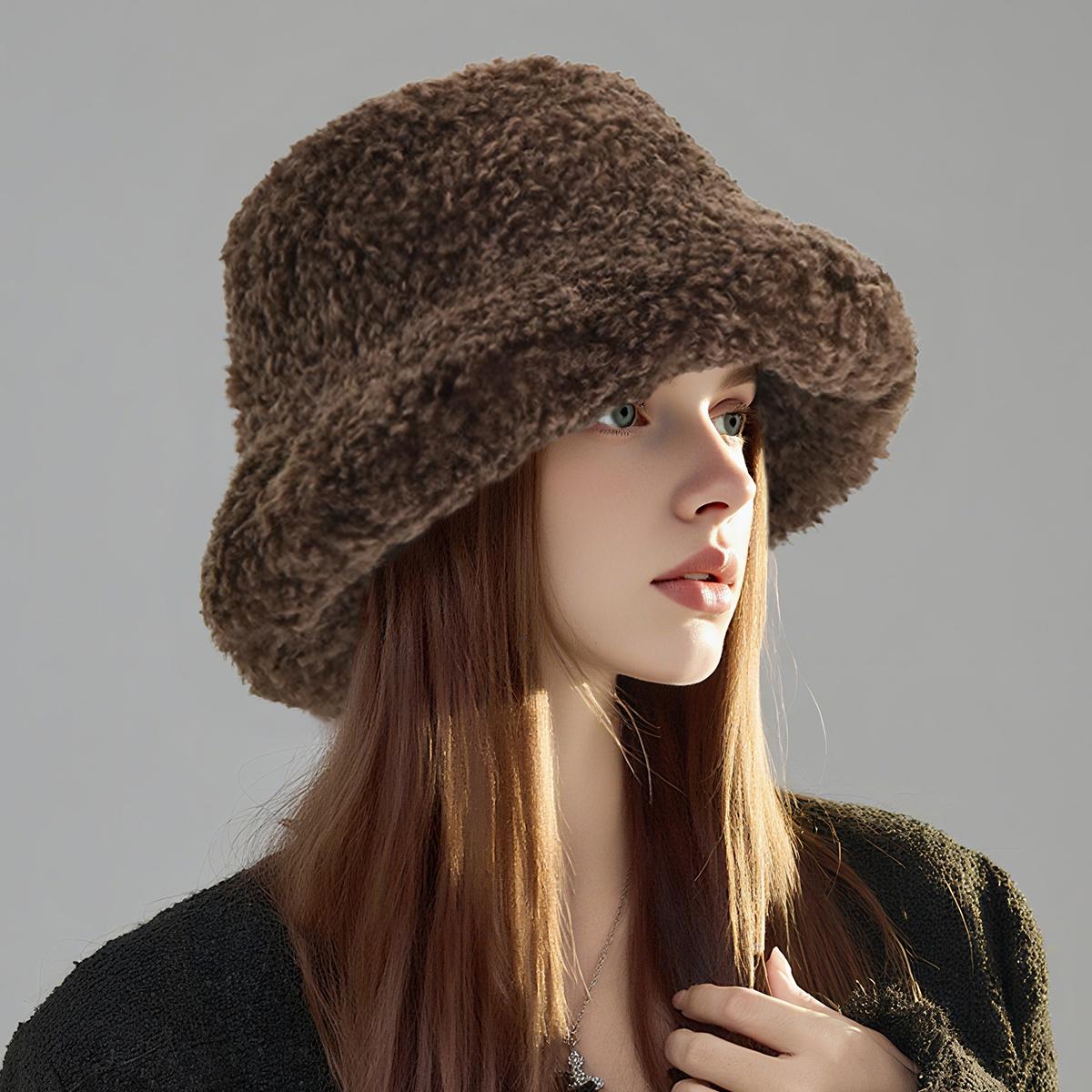 

Мягкая и милая панама из овечьей шерсти, женская зимняя плюшевая шляпа-ведро в ленивом стиле, теплая и с защитой ушей One Size коричневый