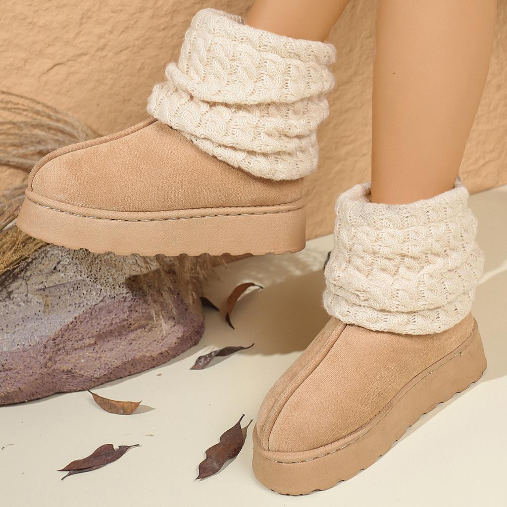 Fashion 2025 New Platform Snow Boots Women's Winter Fashion Round Toe Suede Paneled Yarn Plus Fleece Thickened Flat Cotton Boots