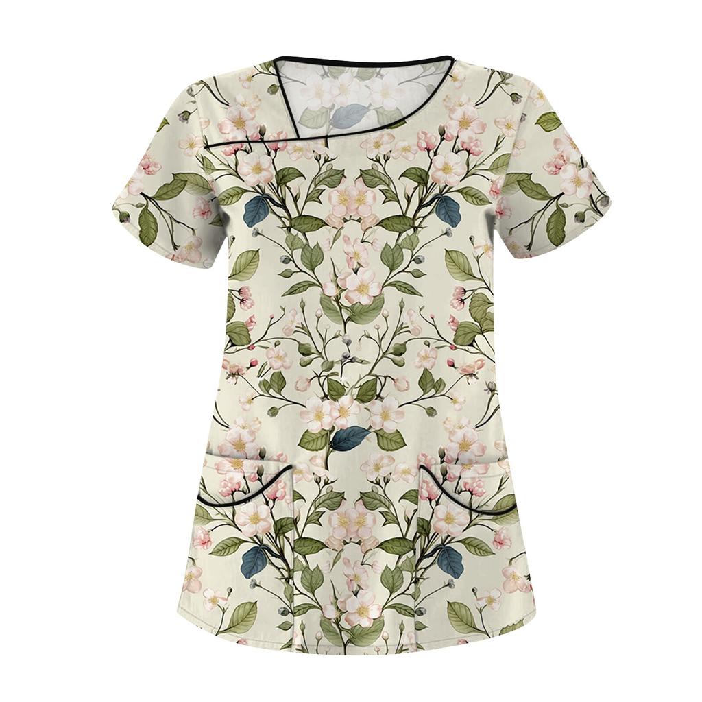 Women's Printed Work Clothes, Sloping Collar And Double Layer Pockets, Basic Top Pullover