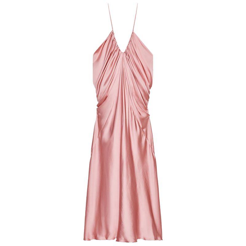 Zaprha New Women Clothes Pleat Decorative V-neck Straight Hem Silk Satin Texture Long Dress 3684019