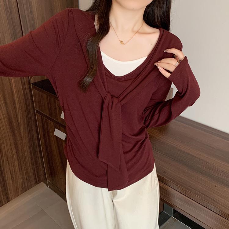 

2026 Spring Plus Size Women s Tie-Waist Two-Piece Long-Sleeve T-Shirt XXL темно-червоний колір