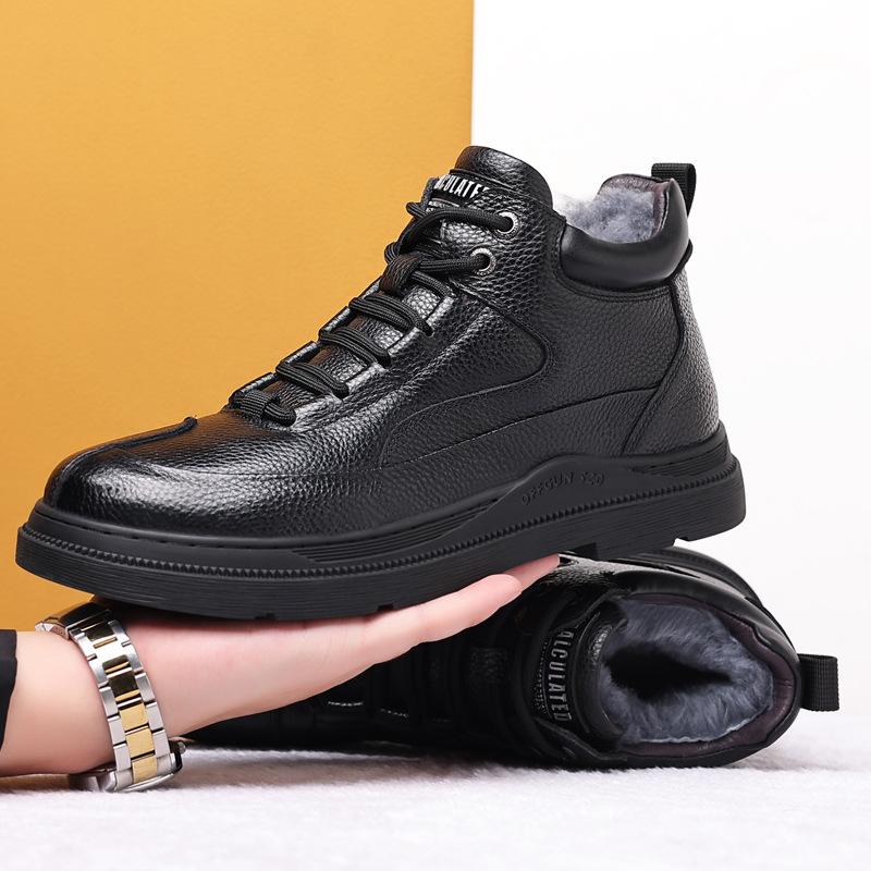 Winter first layer cowhide wool men's thermal cotton shoes leather velvet high-top outdoor casual men's shoes