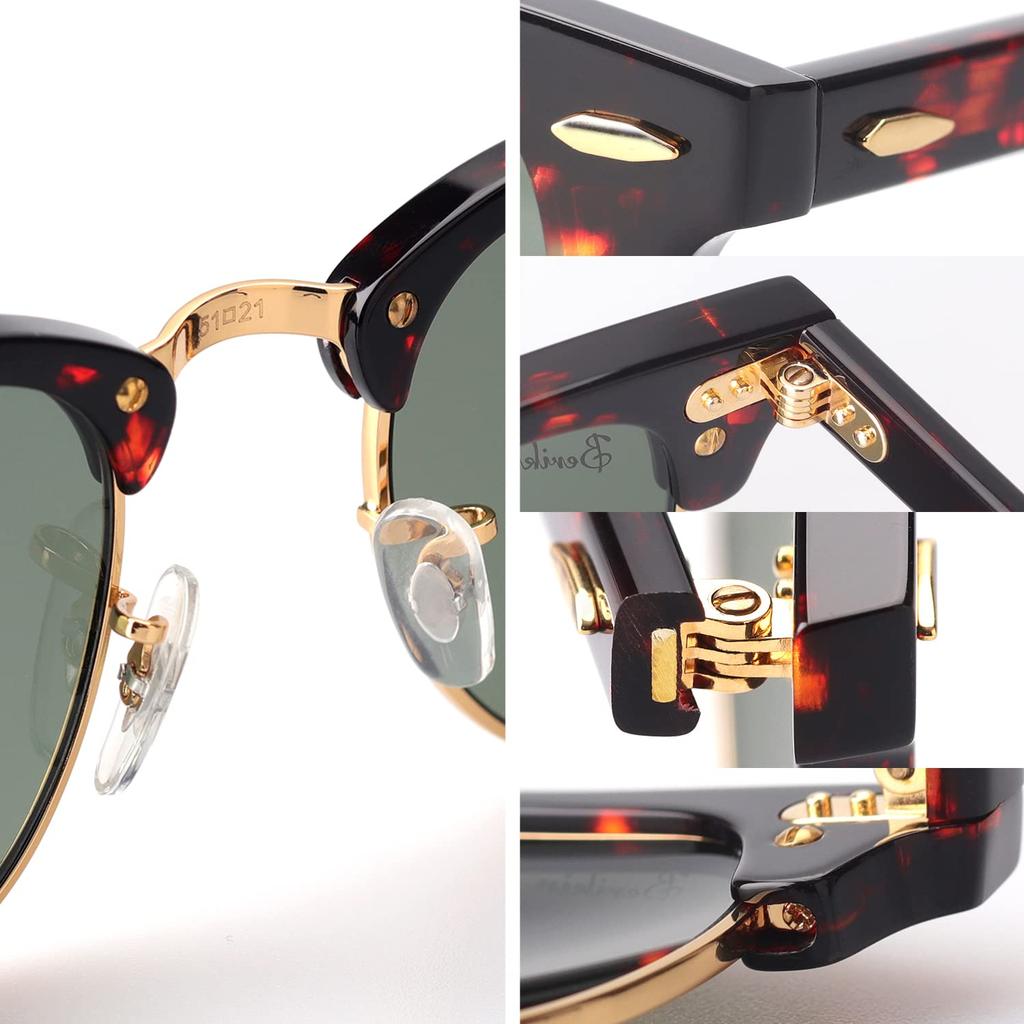 Berikin Classic Thermont Brow Sunglasses with Glass UV400 Tortoiseshell Green Half for Men Lenses, Unisex, Protection, Lenses, Gold, Frame,