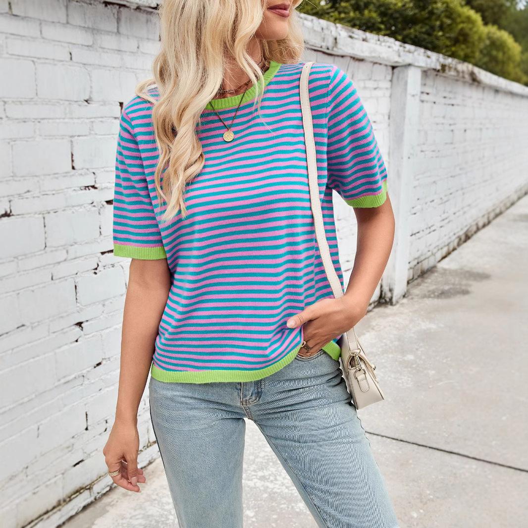 

Женская летняя полосатая трикотажная футболка с круглым вырезом и короткими рукавами в стиле колор-блок XXL