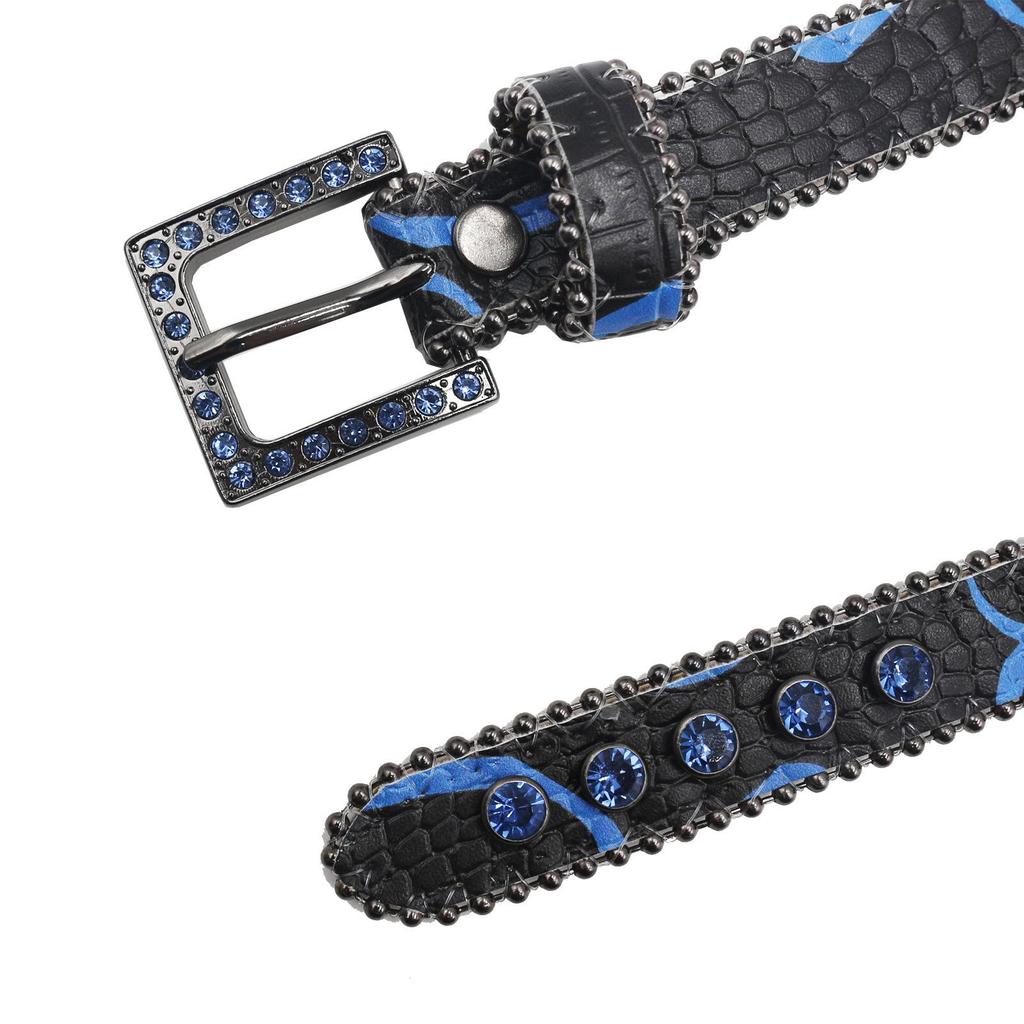 High-end Women's Patterned 2.3 Leather Belt with Pin Buckle and Rhinestones – European & American Punk Style.
