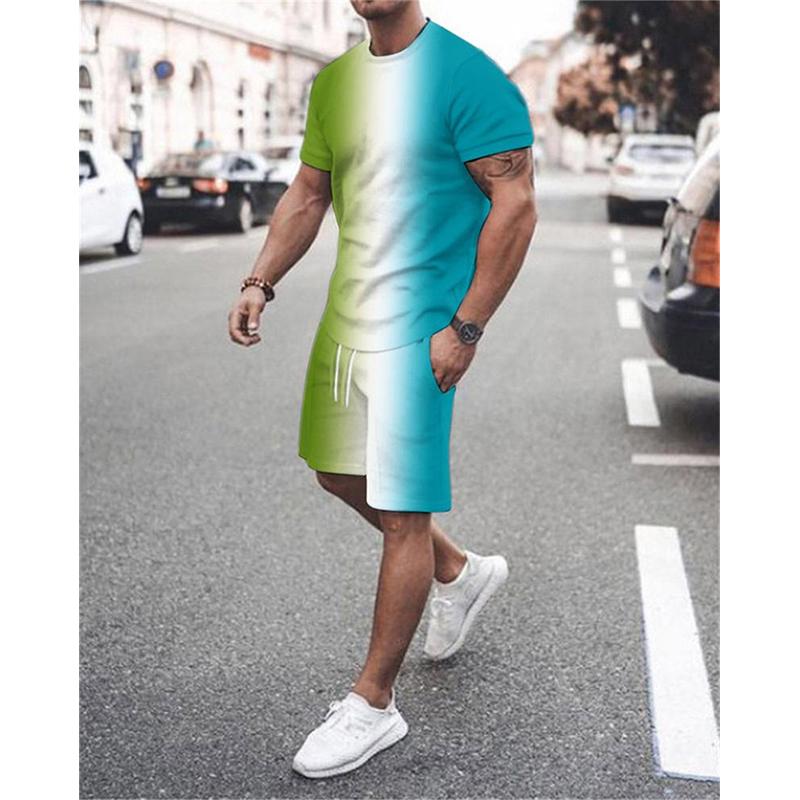 

Комплекты мужских футболок Красочный градиент 3D-печать Полоска Спортивный костюм Футболки Шорты 2 шт. Уличная одежда Костюмы оверсайз Спортивная одежда