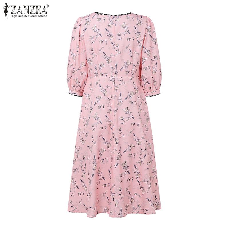 ZANZEA Womens Summer Loose Casual 3/4 Sleeve Print Dress