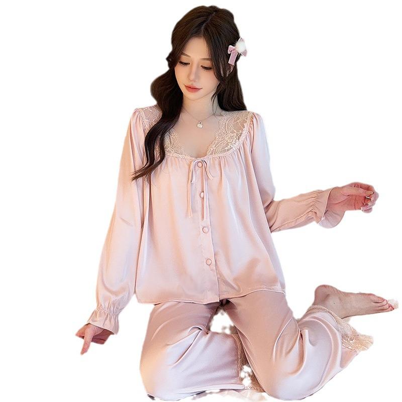 Summer 2026 Women's Ice Silk Pajamas - Long Sleeve & Pants, Sweet Pure Desire, Light Luxury, Sexy Homewear